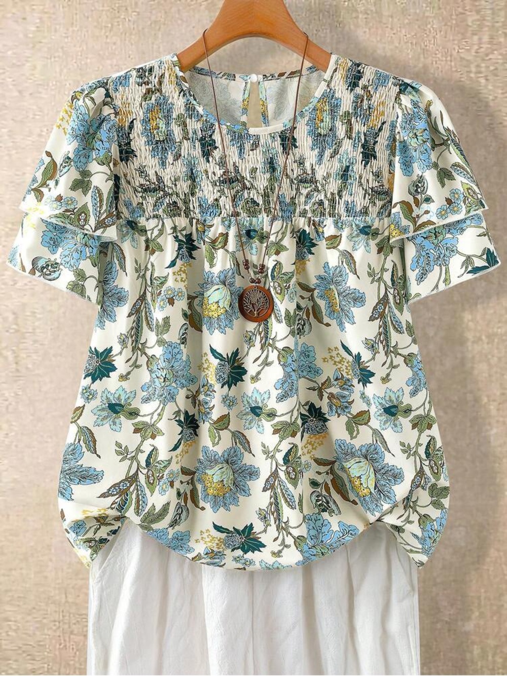 Smocked floral blouse tiered short sleeves ruffle top round neck amazon shein